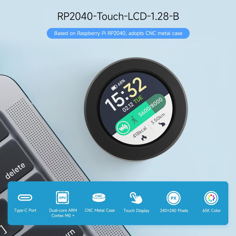 Waveshare RP2040 Microcontroller Development Board, with 1.28inch Round Touch LCD, Compact Size, Accelerometer and Gyroscope Sensor, with CNC Metal Case