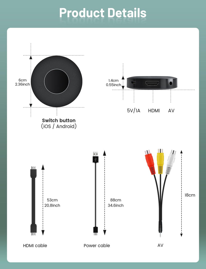 Wireless HDMI Display Dongle Adapter,No Need Any APP,No Setup, Streaming Video/Audio from Laptop,Tablet, PC, Smartphone to HDTV/Projector/Monitor, Support Android, iOS, Windows and MacOS