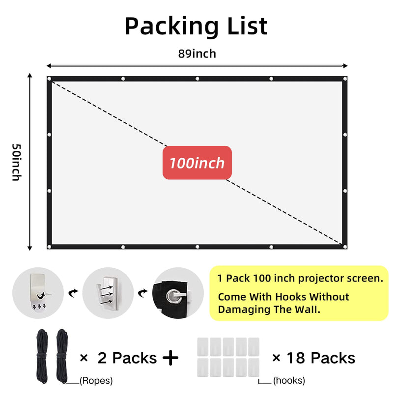 Projector Screen 100 Inch Front and Rear Projector Screen & Cosmetics Bag Bundle for Home Garden Office and Outdoor Projection