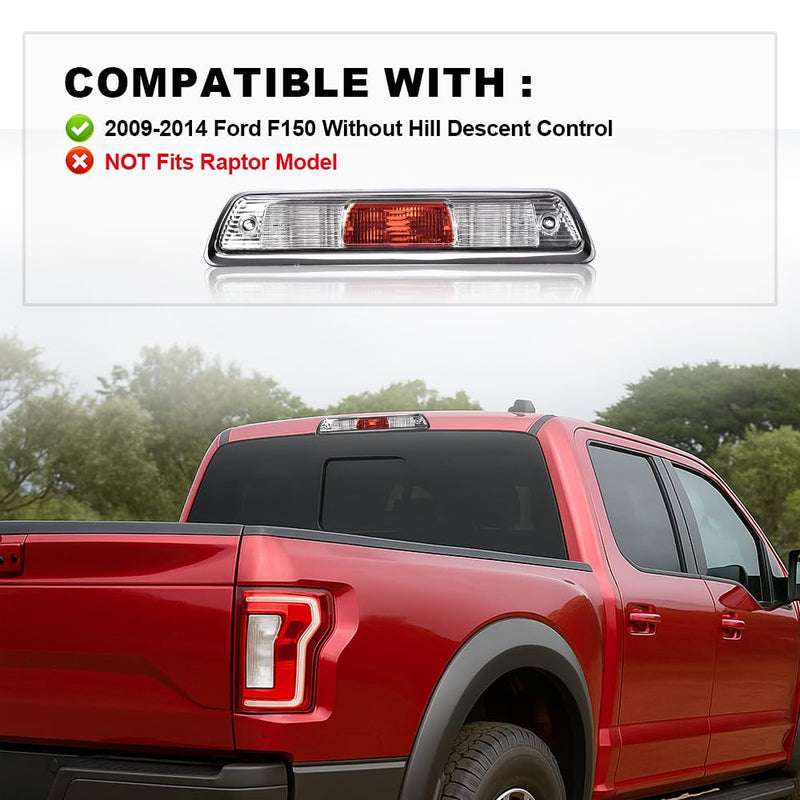 G-PLUS Third Brake Light Compatible with Ford F150 Truck 2009-2014 High Mount Stop Lights Rear Center Roof Third Cargo Light Parking Light Clear/Red Lens Chrome Housing 3rd Brake Light AL3Z13A613E 09-14 F150 Clear