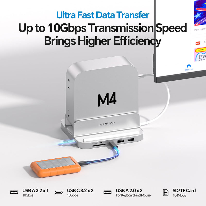 9 in 1 Mac mini M4 Dock with HDMI 4K & 4TB M.2 SSD Enclosure, Aluminum Vertical USB-C Hub Stand for Mac mini M4 Pro Hub, USB-A/C 10Gbps, 2xUSB-A 2.0, 3.5mm Audio, SD/TF (SSD NOT Included)