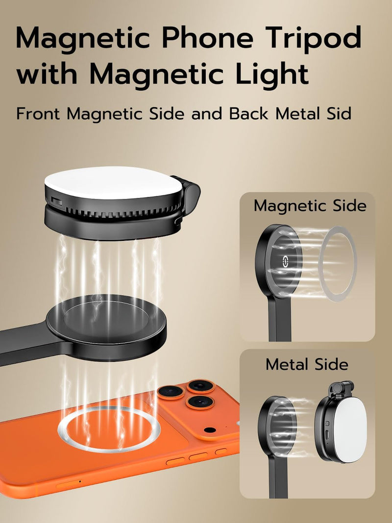 69" Magnetic Tripod for iPhone with Magnetic Light (MPT-04) | Selfie Stick with Magnetic Selfie Light & Remote, Extendable Tripod, Vlogging Kit for Magsafe iPhone/Android Video Recording