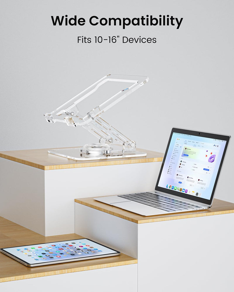 Laptop Stand for Desk - Adjustable, Foldable Clear Acrylic Riser with 360° Rotating Base, Ergonomic Laptop Holder for MacBook Pro/Air & 10-16” Notebooks Acrylic - Transparent color