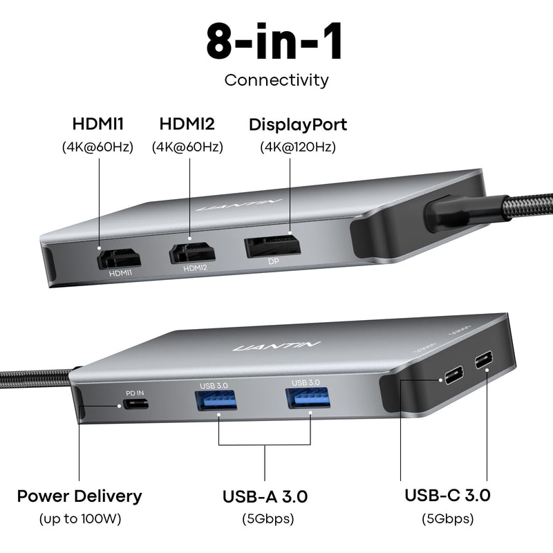 UANTIN USB C Docking Station Dual Monitor, Laptop Docking Station 3 Monitor | 8 in 1 USBC Hub Triple Display USB C Adapter to 4K@60Hz Dual HDMI, DP, 2 USBA & USBC, 100W PD, for Dell,HP 11.8inch
