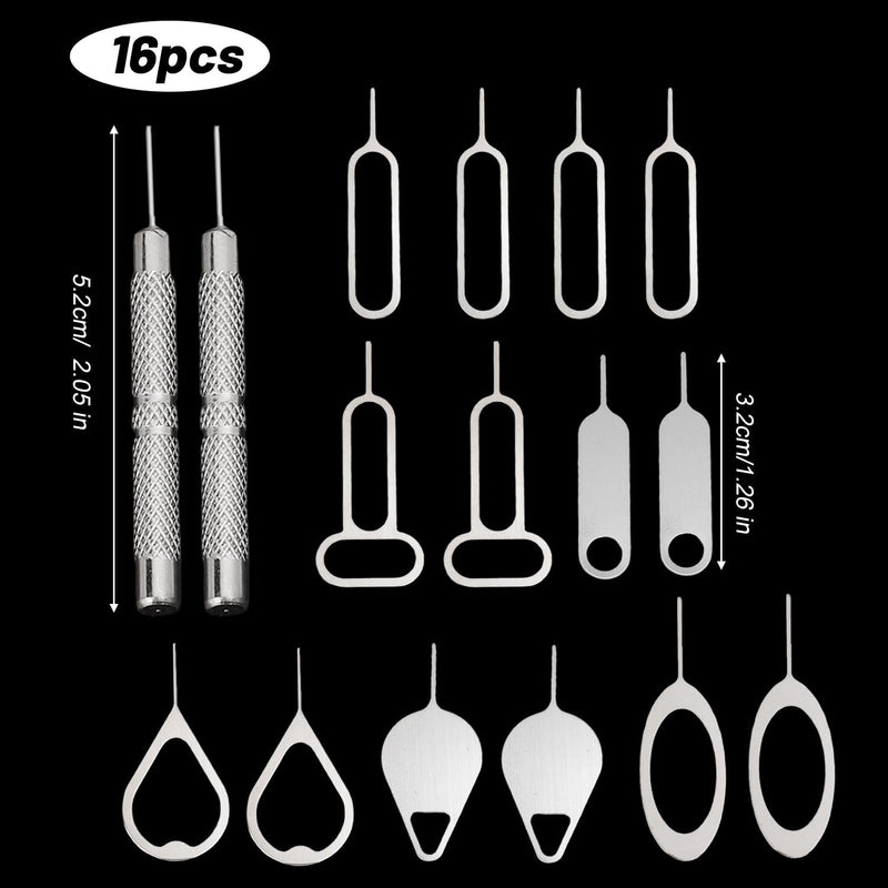 16Pcs/Set Sim Card Removal Tool Set, Sim Ejector Tool Smooth and Burr-Free SD Card Removal Tools Key Cards Tray Ejector Pins for All Cell Phones (Silver)