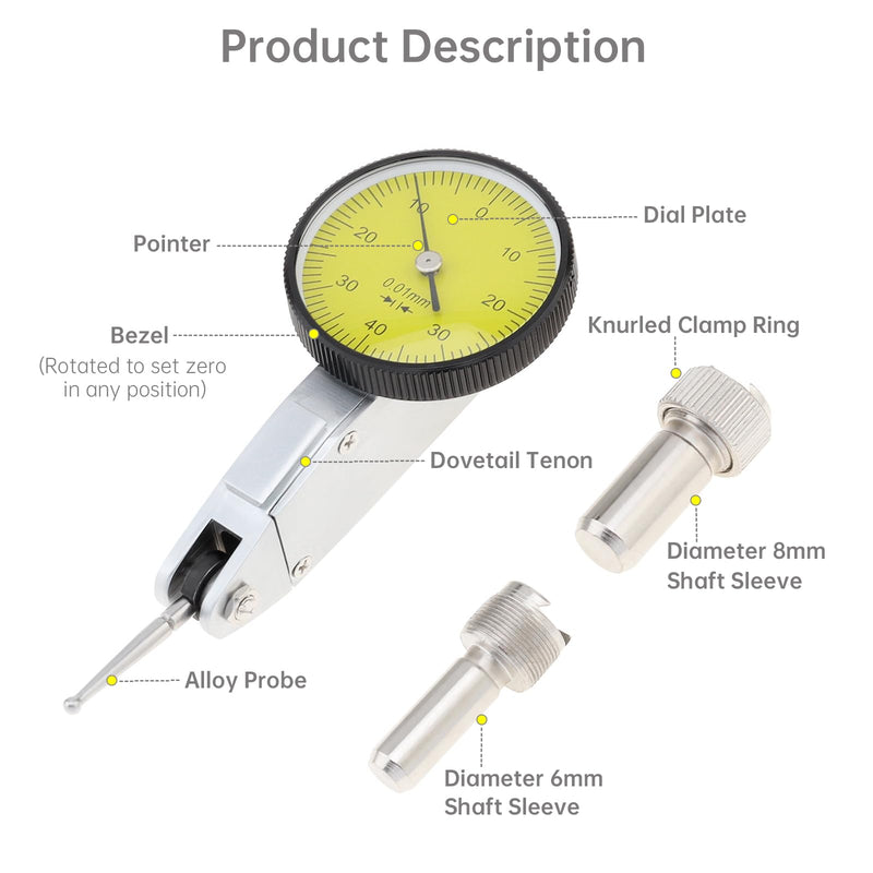 Dial Test Indicator Gauge 0-0.8mm, 0.01mm Accuracy, Lever Dial Test Indicator Gauge 0-40-0 Scale Yellow Dial Face with Installation Accessories 6mm/ 8mm Sleeves