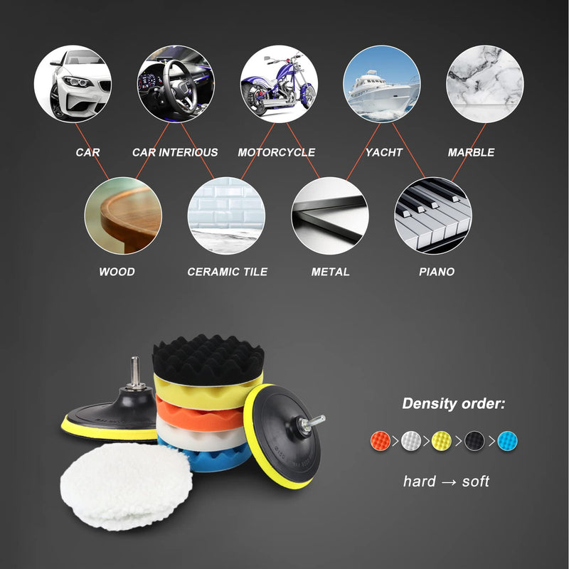 6 Inch Car Polishing & Buffing Sponge Pads Kit Wool Bonnet Pads for Household Electric Drill and Auto Polisher with 8mm M14 Drill Adapter for Washing Cleaning Waxing Dusting, 11PCS