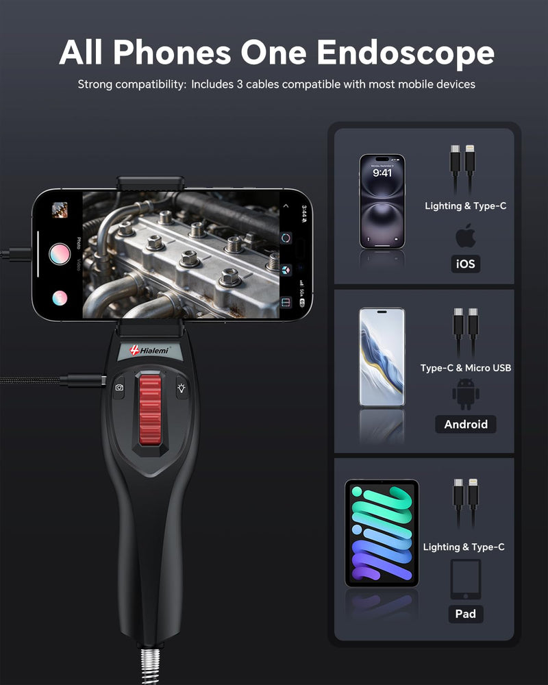 Two-Way Articulating Borescope, Phone Endoscope Camera with Light | 6.2mm Probe, 1080P HD, 5.3FT Cable, Ergonomic Design, Wide Phone Compatibility, for Automotive, Wall, Mechanics Inspection