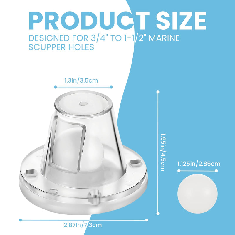 Boat Scupper Drain Valve Self-Bailing Ball,Fits 3/4" to 1-1/2" Marine Drain Holes, One-Way Automatic Drain Valve Replaces Old Flapper Scuppers,Compatible with Most Boat Models 2 Pack