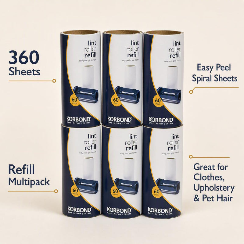 Korbond Lint Roller Refills 6 Pack - 360 Sheets Lint Rollers, Lint Remover, Pet Hair Remover, Dog Hair Remover, Clothes Roller Sticky, Pet Roller