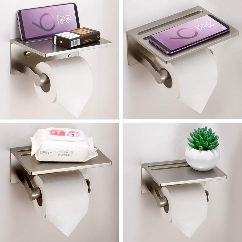 Toilet Paper Holder with Shelf, Aluminum Tissue Roll Holder with Mobile Phone Storage Shelf for Modern Bathroom, 3M Self Adhesive No Drilling or Wall-Mounted with Screws, Brushed Nickel
