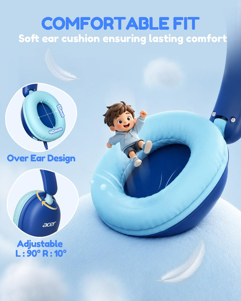 Acer OHW355 Kids Headphones with Cord for School,Over Ear Wired Headphones | 74/85dB Volume Limit, Foldable 3.5mm Jack, Stereo Sound, for Tablet/Computer/Travel/Chromebook-Blue Cyan Blue Cyan