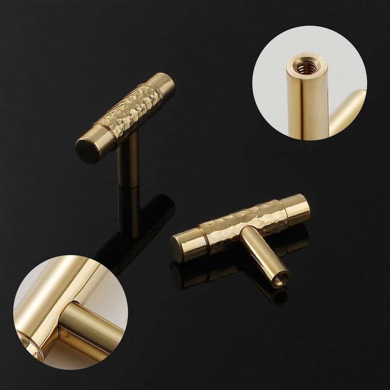 Polished Brass Cabinet Pulls, 5 Pack Modern Gold Solid Brass Dresser T-Bar Handles Cupboard Drawer Hardware for Bathroom Kitchen (5, T Knobs Single Hole)