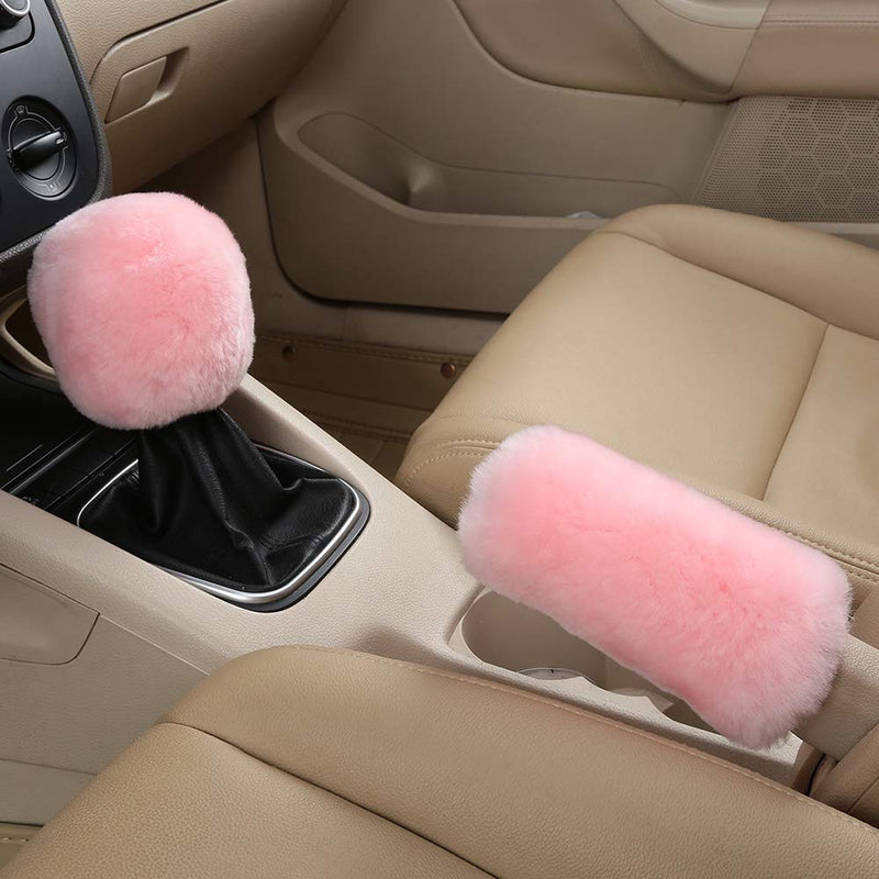 Fluffy Natural Fur Sheepskin Car Gear Shift Handle Level Stick Knob Covers for Automobile Selector Handball Collar, Handbrake Cover (Korean Pink) Korean Pink