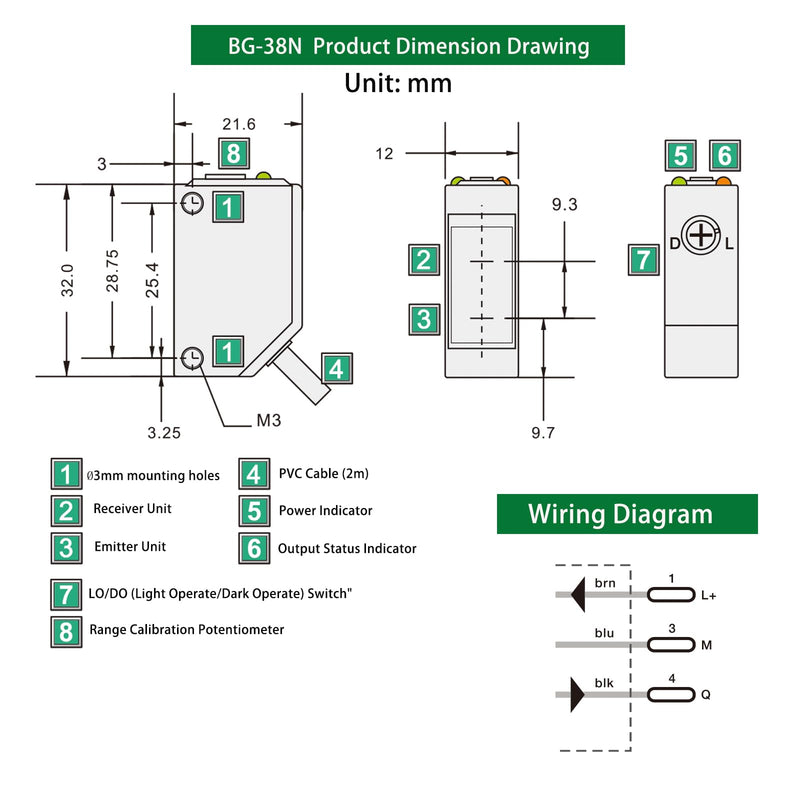 BG-38N Photoelectric Sensors,Background Suppression Diffuse Photoelectric Sensor,Sensing Distance 5-350mm,10–30VDC,NPN Output,Detection Distance Unaffected by Object Color BG-38N (NPN Output)
