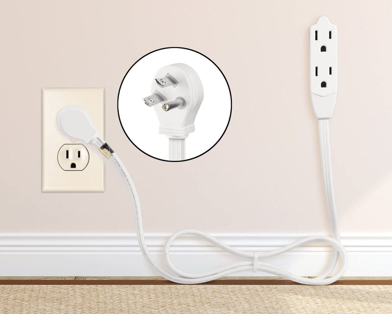 Maximm Cable 50 Feet Flat Plug Extension Cord/Wire, Multi Outlet - 3 Prong Angled Plug Extension Cord - White UL Certified 1 Pack