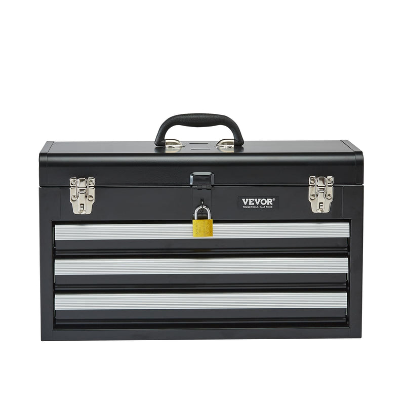 VEVOR Metal Tool Box, 20.5-inch, Portable Metal Tool Box with 3 Drawers, Small Tool Chest with EVA Liners, Ball Bearing Slide Drawers Locking & Powder Coated Finish, Multi-Function Tool Organizer Black-3 Drawer 20 in