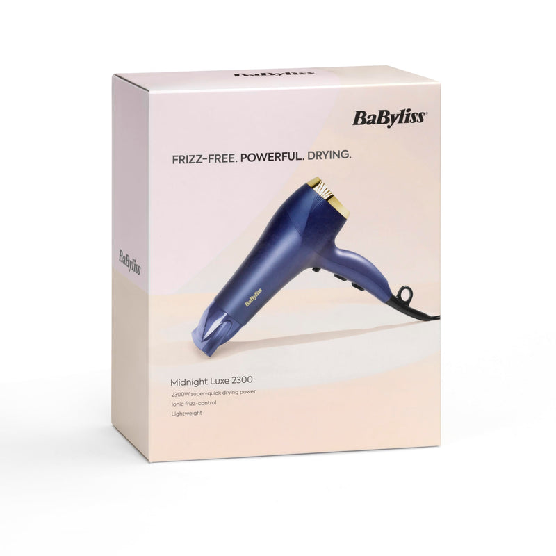 BaByliss Midnight Luxe Hair Dryer - Powerful 2300W Blow Dryer, Ionic Frizz-Control, Fast Drying, Professional and Lightweight, 3 Heat & 2 Speed Settings, 5781U 5781U - UK PLUG