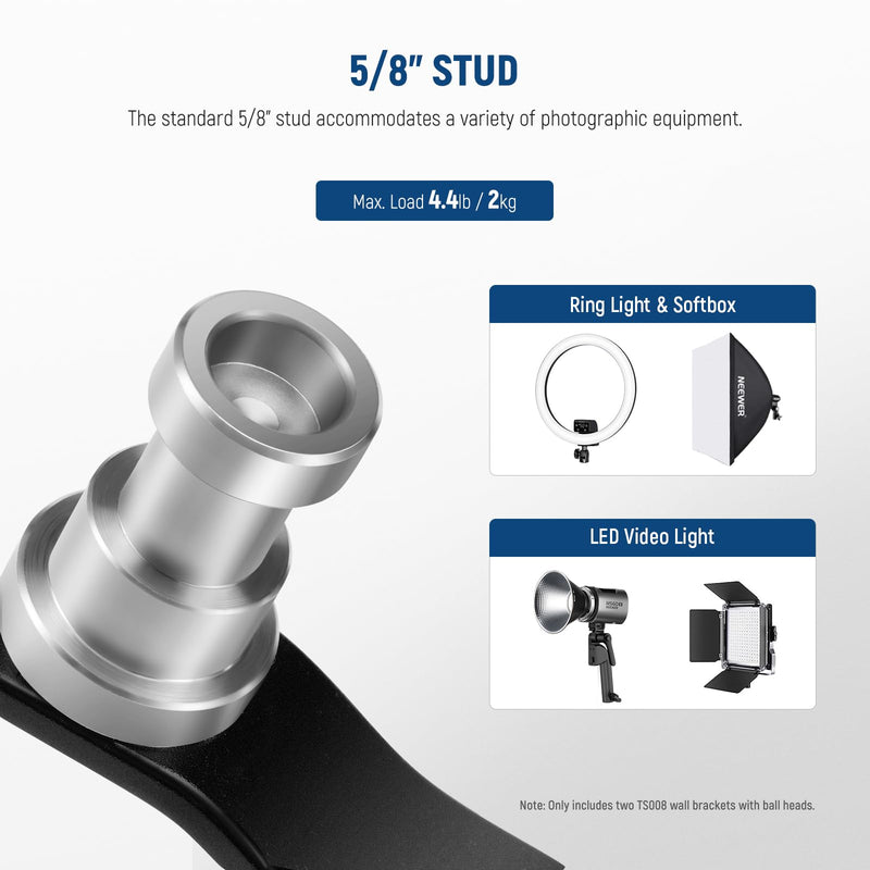 NEEWER 2 Pack T Type Wall Ceiling Mount, Ring Light Wall Mount Bracket with Detachable Ball Head, 5/8" Stud, 1/4" Screw for Flash Strobe Camera Monitor Studio Lighting, Max Load: 4.4lb/2kg, TS008