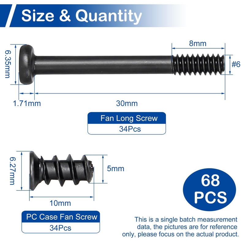 34 Sets (68Pcs) Computer Cooling Fan Screws Kit, #6-32 x 30mm Fan Screw + M5 x 10mm PC Case Fan Screws, Black Radiator Fan Screws for 60mm 80mm 90mm 92mm 120mm 140mm 240mm 360mm