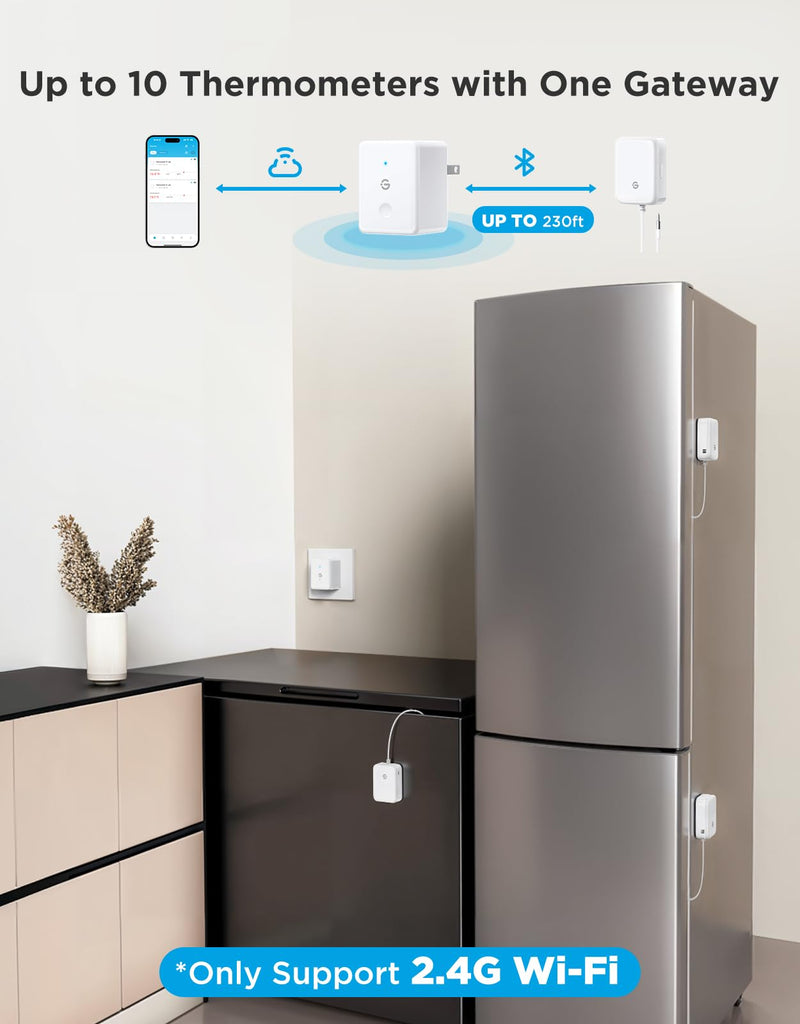 GoveeLife WiFi Refrigerator Thermometer with Alarm, Wireless Digital Freezer Temperature Gauge with App Control, 2 Years Free Data Export, for Home Kitchen Fridge Hot Tub(Only Support 2.4G Wi-Fi) 1 Gateway+1 Sensor