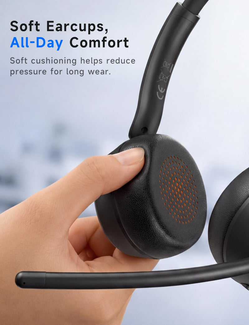 AOC Wireless Headset with Mic for Work, Bluetooth 5.4 Headphones-Dark Black | AI Noise-Canceling Mic for Clear Calls, Computer Headset with Mic Mute & USB A/C Dongle for PC, Computer, Laptop Dark Black