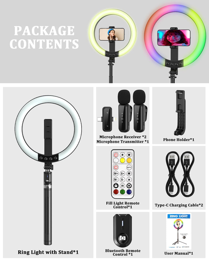 Vlogging Kit for iPhone/Android, 10” Ring Light with Stand, 74” Tripod for iPhone with Light, Microphone, YouTube Starter Kit for TikTok Content Creator 74"