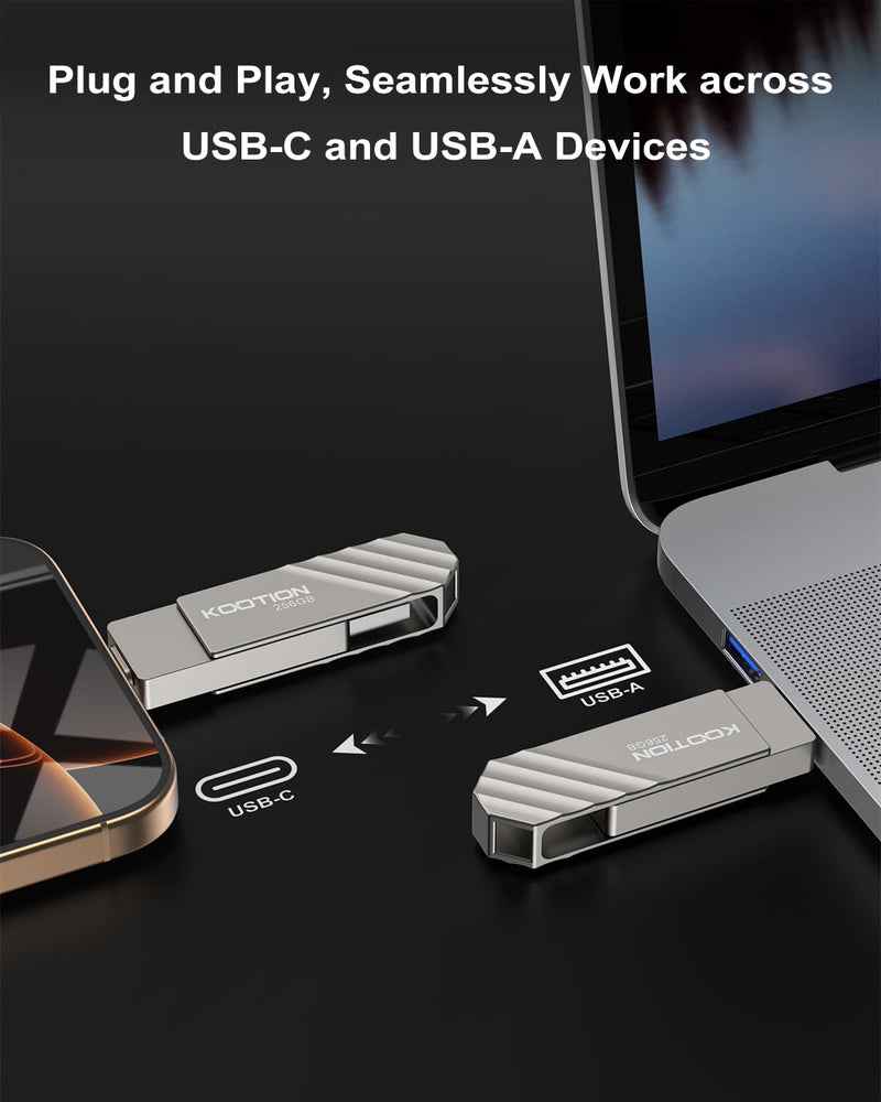 KOOTION 256GB USB 3.2 Flash Drive Metal Type C USB Solid State Drive Up to 450MB/s Dual USB C Flash Drive Swivel Thumb Drive Pen Drive Memory Stick for iPhone15, Silver Up to 450 MB/s
