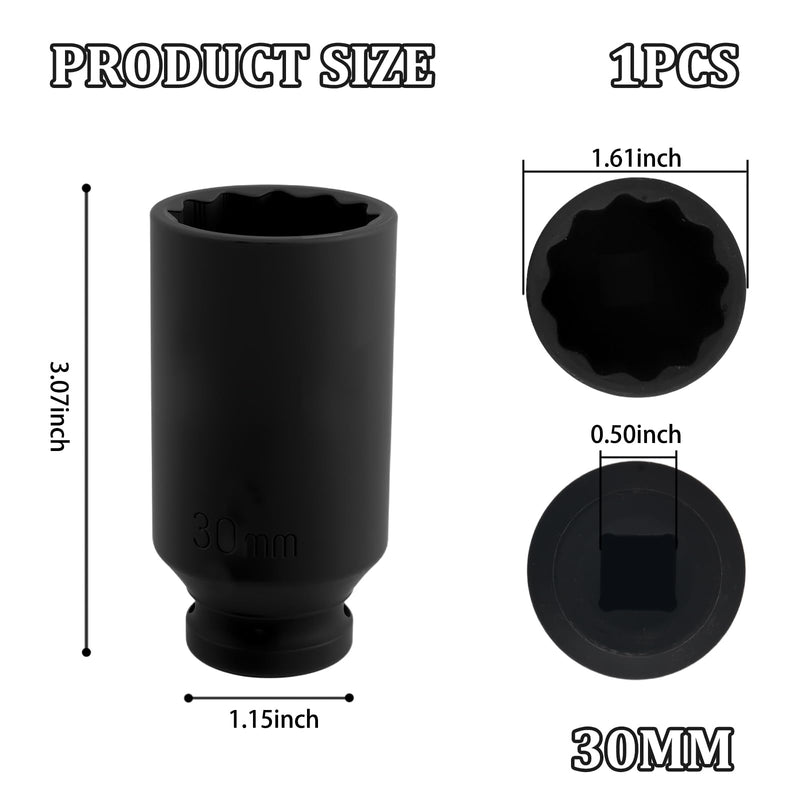 30mm Socket 1/2 Drive,30mm 12 Point Axle Nut Socket for Quick Dismantling Axle Shaft Nuts,Professional 30 mm Sockets Deep Impact Sockets Set 1/2 Drive Automotive Tools
