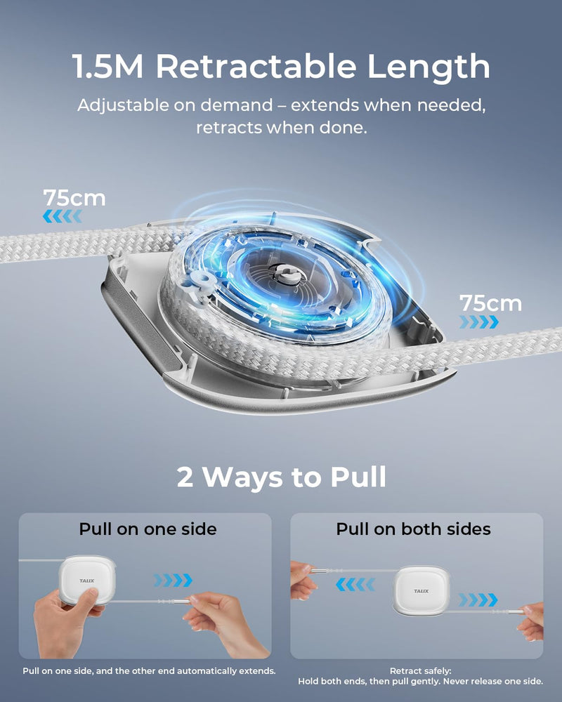 TALIX 240W Retractable USB C to USB C Cable, PD 3.2 Fast Charging-4.92FT | Mag Snap Storage, E-Marker Chip, Anti-Tangle Retractable Cord for Travel, MacBook, iPhone 17, Samsung S25 4.92 Feet