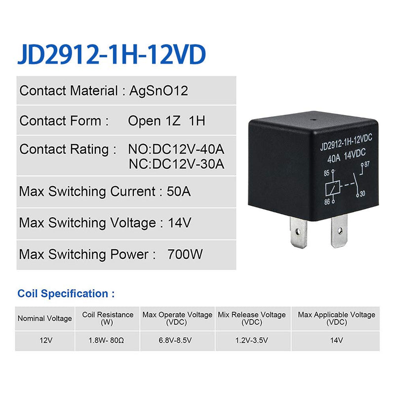 2 Pack Car Relay 4 Pin 12V 40 Amp Model No : JD2912-1H-12VDC 40A 14VDC, Car Relay Switch Auto Switches & Starters 2