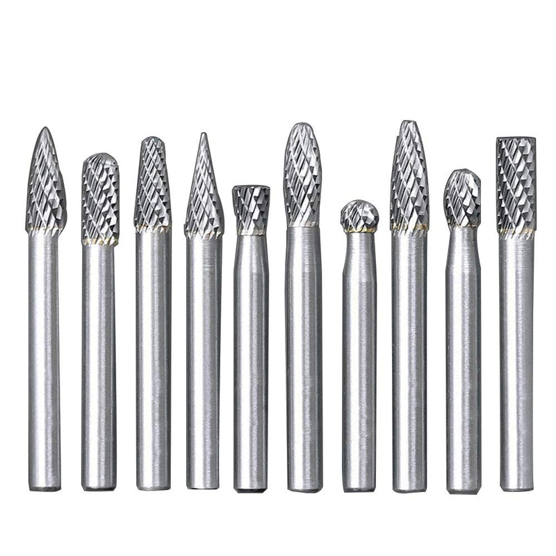 10pc Tungsten Carbide Burr Set 1/4" Shank Double Cut Rotary Cutting Burr Set Die Grinder Bits for Steel Metal Wood Woodworking Carving, Polishing, and Engraving