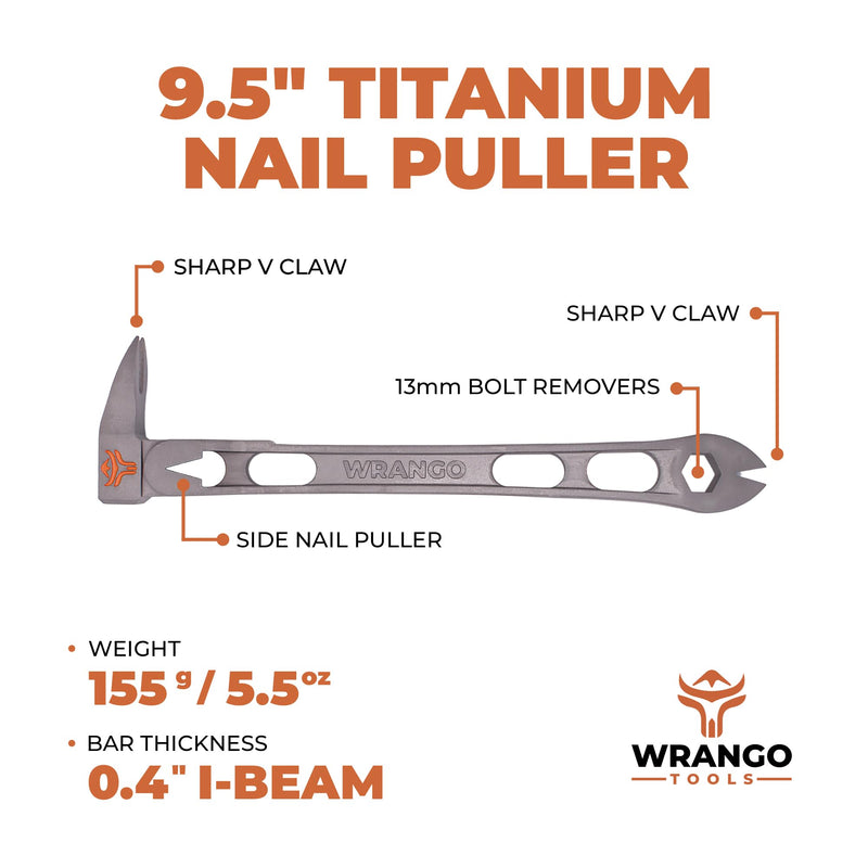 Wrango Tools 9.5" Titanium Nail Puller Cats Paw Pry Bar - 45% Lighter Than Steel - Side Nail Puller - 13mm Bolt Remover - Professional Contractor Grade - 5% Donated To Help Farmers Titanium Pry Bar 9.5"