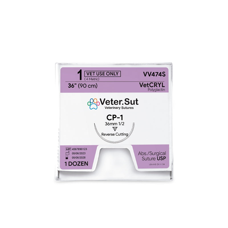 VeterSut VetCRYL Absorbable Polyglactin Surgical Suture USP Size 1, (CP-1) 1/2 36mm Reverse Cutting Needle, 36 Inches (90 cm), 12 Count, Veterinary Use Only