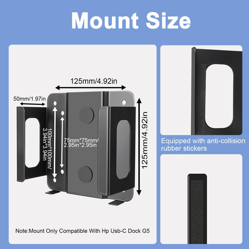 Metal VESA Mount and Under Desk Mount for HP USB-C Dock G5 Wall Mount,Designed for Docking Station Mounting Holder Compatible with HP USB-C Dock G5, (Black Holder Only)
