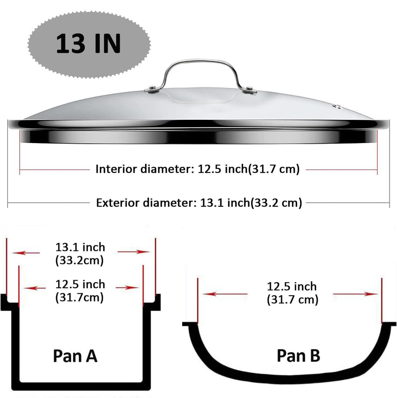 Premium Tempered Clear Glass Lids, 11", 12", 13" Stainless Steel Replacement Lid for Pots, Pans and Skillets, Large Glass Covers with Steam Vent 13 inch