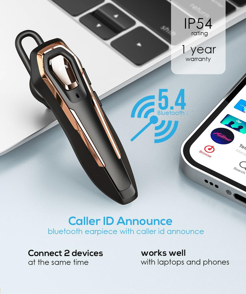 Bluetooth Headset, 36H Talk Time Single Ear Earpiece with | Crystal Clear HD Voice, Dual Mic ENC Noise Canceling, Ergonomic Comfort Fit, Connect 2 Devices for Trucker Driver/Office Gold