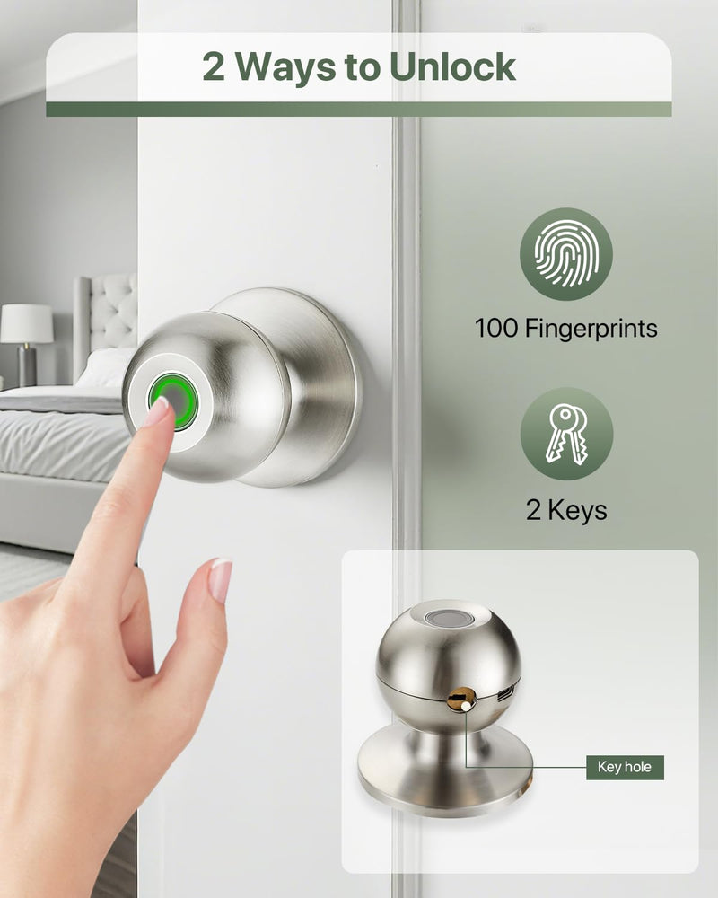 Fingerprint Door Knob, Biometric Door Lock with Auto Lock, Passage Mode, Rechargeable Battery, Thumbprint Entry Door Knob for Bedroom, Office, Apartment & Front Door