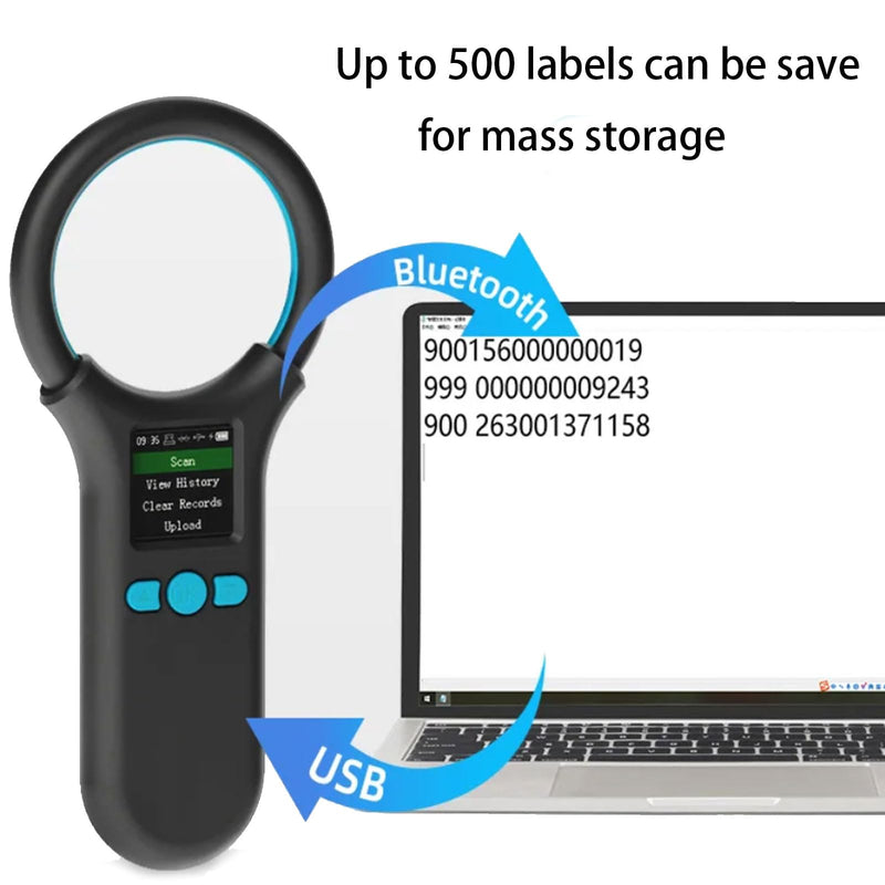 Pet Microchip Scanner, Animal Universal Microchip Tag Reader Scanner with 1.44” TFT Screen, 500 Pieces Data Storage, 800mAh Rechargeable Battery, 3-in-1 Connections Black