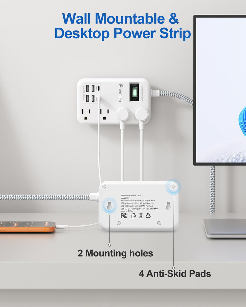 Travel Power Strip with 6 USB (2 USB C), 4 Outlets, 4Ft Extension Cord 13A | 6 USB Charging Station,4.8A,2 USB C,Surge Protector,Switch,Flat Plug,4FT Braided Extension Cord,For Travel Home Office Dorm