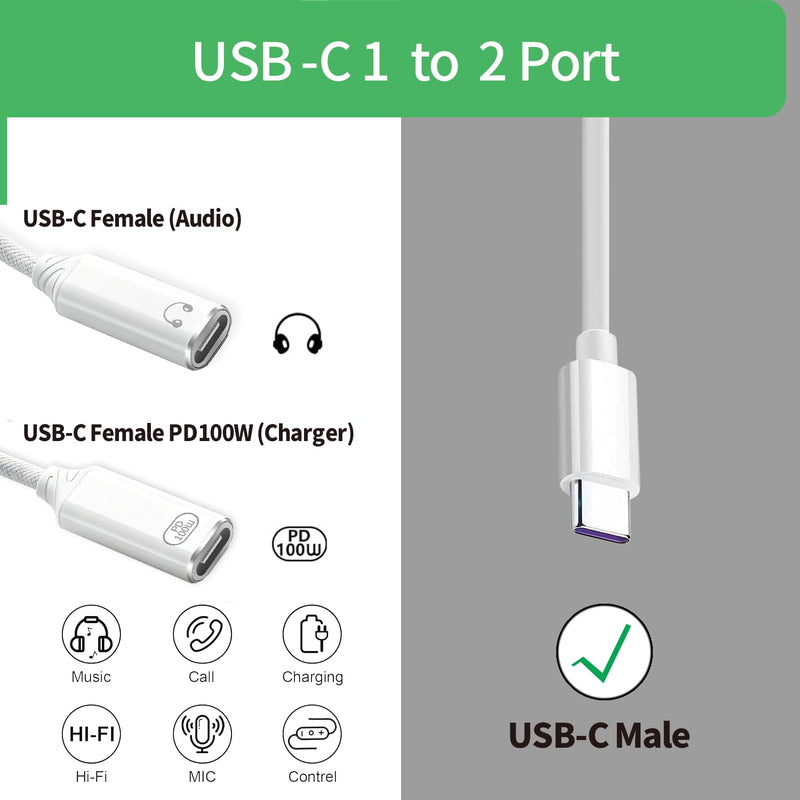 USB C Splitter 1 in 2 Out Dual USB C Headphone and Charger Adapter, White | Audio Jack Dongle with PD 100W Fast Charging Cable for iPhone 17 16 15 Pro Max, iPad, Samsung Galaxy S25 S24 Ultra