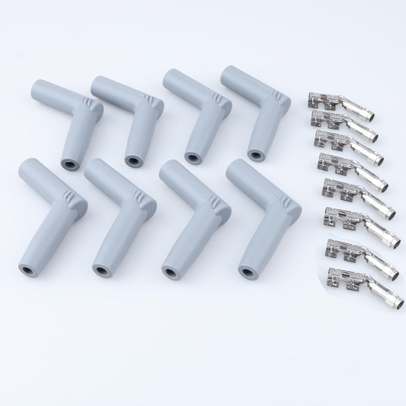 45 Degree Replacement Spark Plug Wire Silicone Boot and Terminal Kits for 7mm-8.5mm Wire, Pack of 8 45 Degree Gray