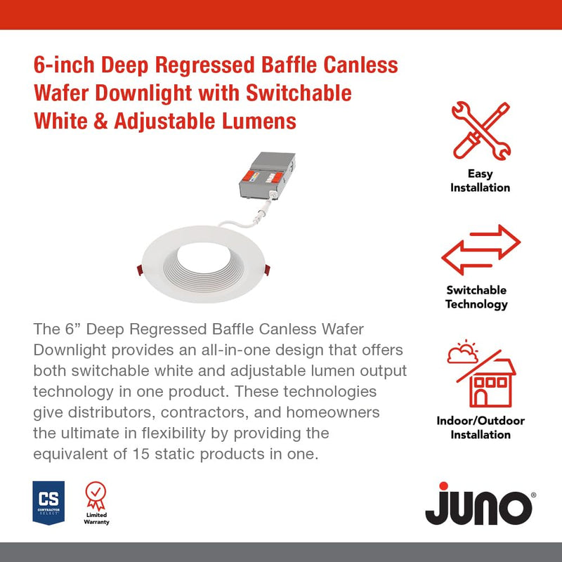 Juno LED Recessed Lights 6 Inch Round Wafer Downlight, 5-in-1 Switchable White Color Temperature, Adjustable Brightness, Deep Regressed Baffled Trim, 6-Inch, Matte White Deep Baffle Trim