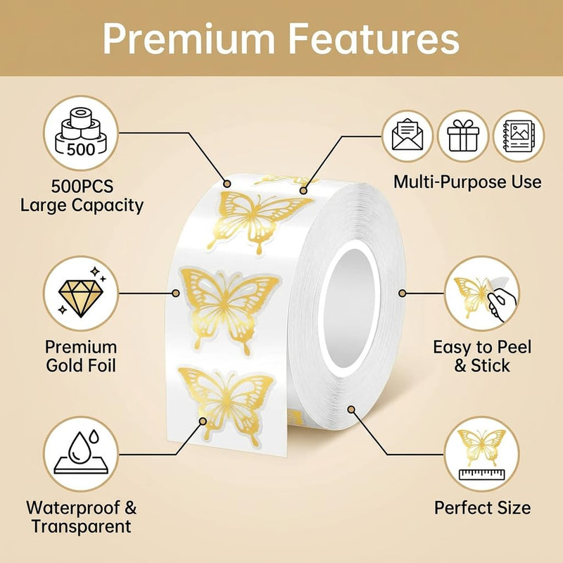 500Pcs Gold Foil Butterfly Stickers, Packaging & Envelope Seals | 500Pcs gold foil butterfly stickers; waterproof self-adhesive accents for packaging, envelopes, crafts, gifts, or parties. 500pcs- Gold Foil Butterfly Pattern