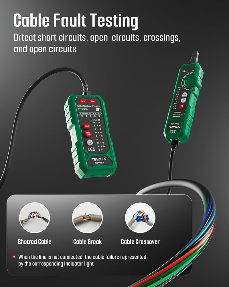 TESMEN TLP-900AR Network Cable Tester, RJ11 RJ45, for CAT5/6/POE/STP, Multi-function Cable Tracer with Pairing, Continuity, QC&NCV, Suitable for Ethernet, Telephone, Wire maintenance and sorting-Green Green