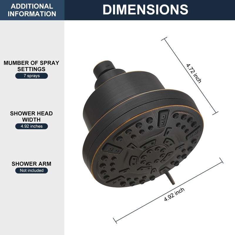 High Pressure Shower Filter Head Oil Rubbed Bronze Fixed Shower Head 7 Settings, 5 Inch Bathroom Rain Shower Head with Enhanced Filter for Hard Water, Reduces Chlorine and Harmful Substances