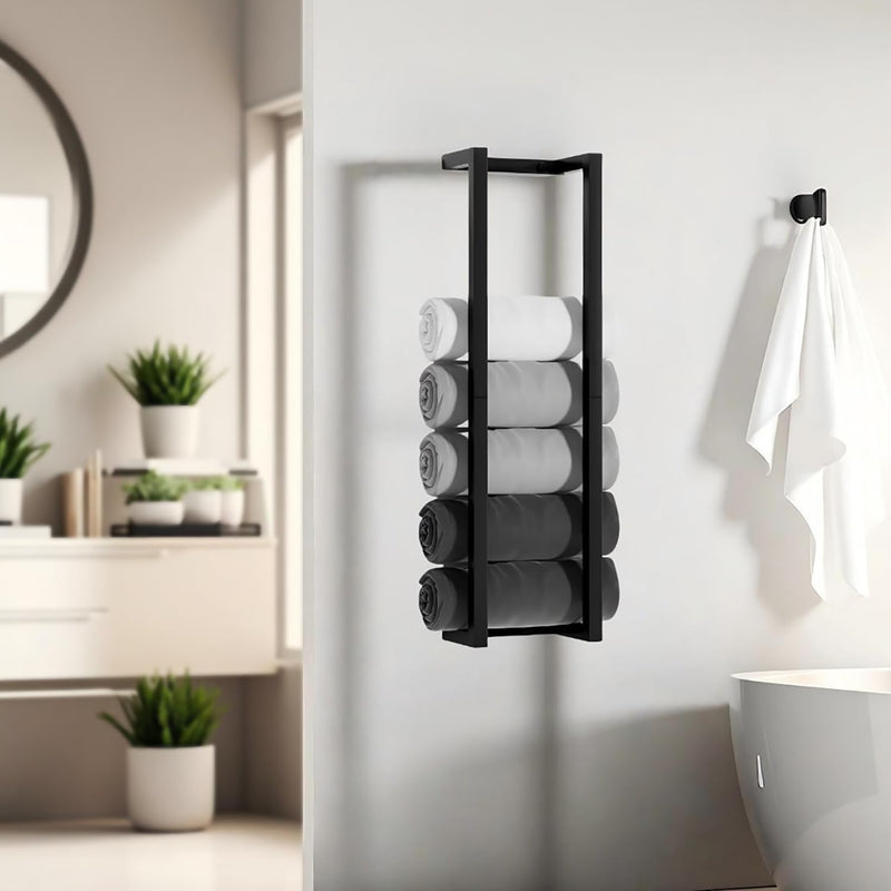 Towel Racks for Bathroom,VIDA-ZONE 304 Stainless Steel Towel Storage Racks for Rolled Bath Towels Can Hold 6-8 Large Towels,Wall Mounted 30 Inch Towel Organizer for Small Space Black Towel Holder