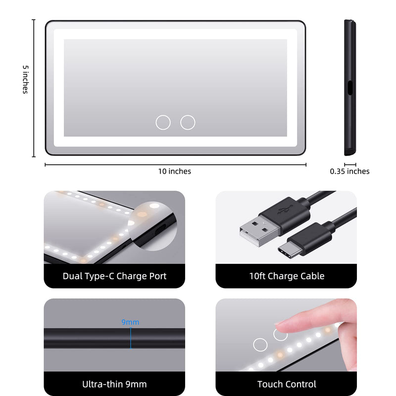Car Sun Visor Vanity Mirror, with 3 Light Modes & 60 LEDs - Rechargeable Dimmable Clip-on Rear View Sun-Shading Cosmetic Makeup Mirror, Universal for Car SUV(Black) Black