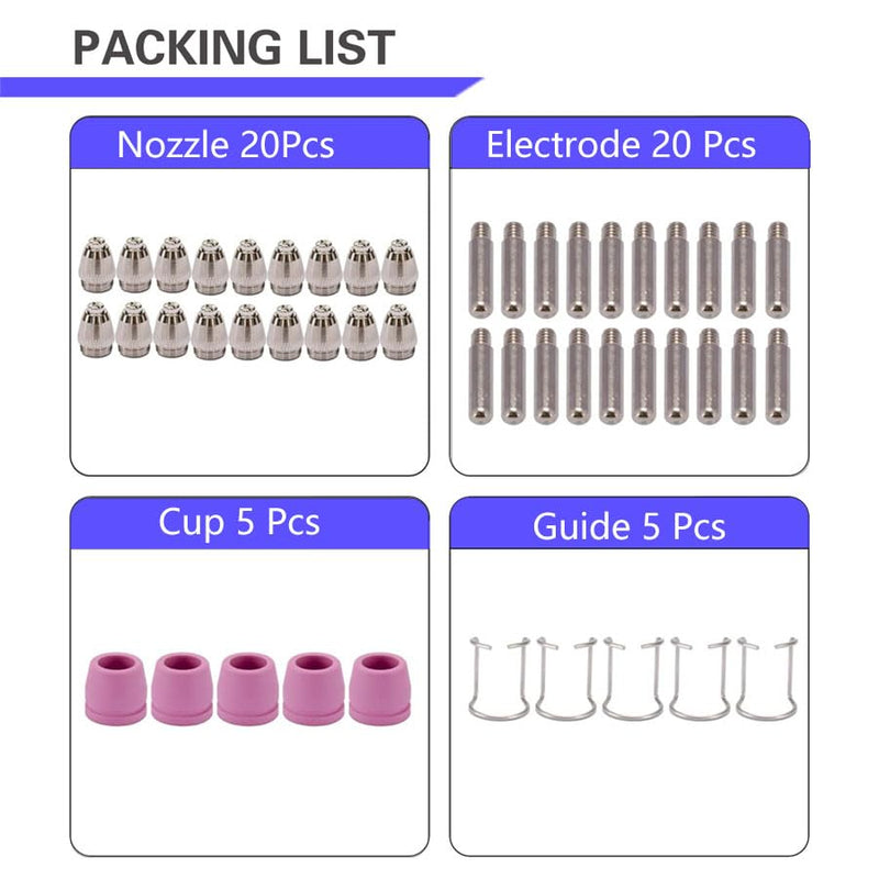 Plasma Cutter Consumables 50PCS WSD60 AG60 Non-Touch Pilot Arc Plasma Cutting Torch WSD-60 Accessories Electrodes Tips Nozzles Guides Kit Suitable for CUT50P CUT60P CUT-50F Cutting Machine