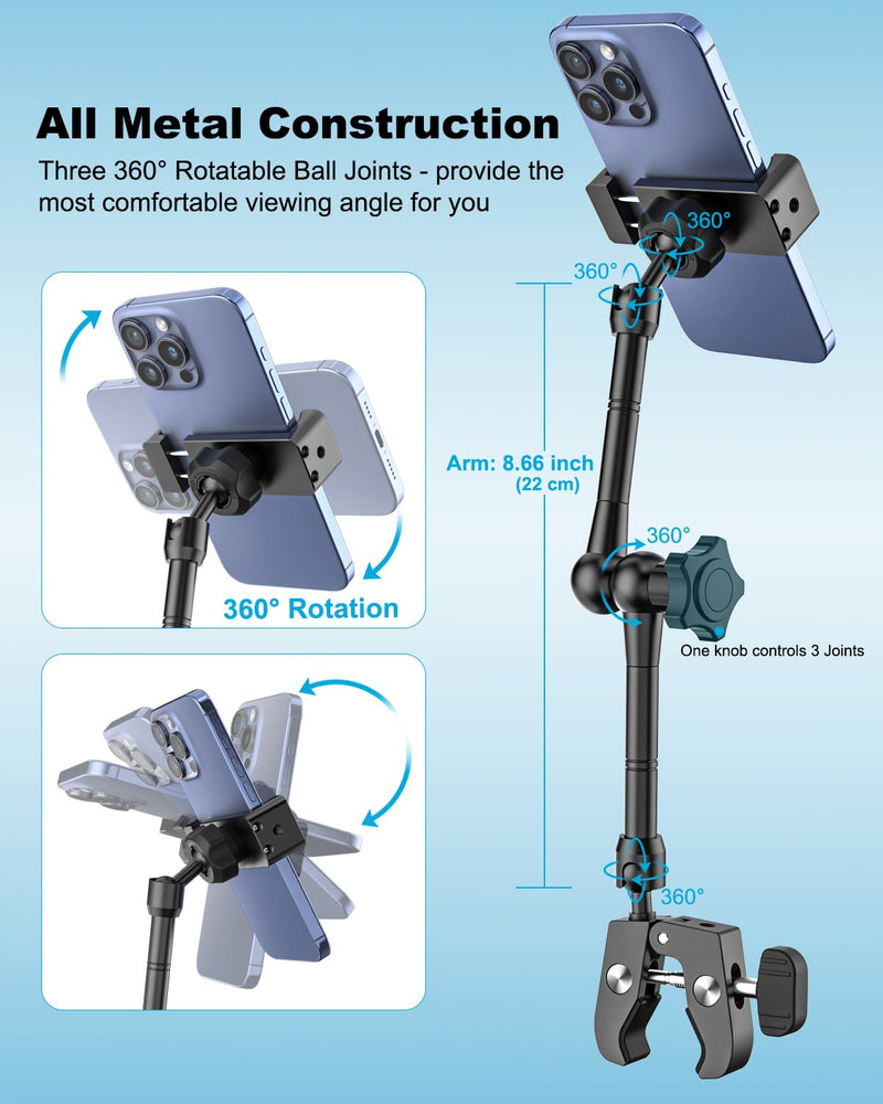 All-Metal Phone Holder for Wheelchair, Boat, Mic Stand, Stroller, Golf Cart, Exercise Bike, 360° Adjustable Handlebar Clamp Mount for iPhone 16 Pro Max 15 14 13 12 Plus, Galaxy, All Smartphone
